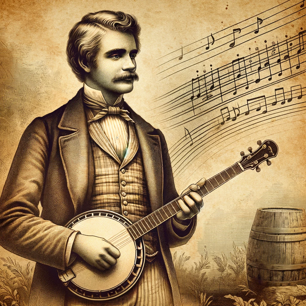 A sepia-toned illustration of 19th-century American musician Dan Emmett, in period attire with a vest and cravat, holding a banjo. Subtle musical notes float in the background, symbolizing his impact on American music.