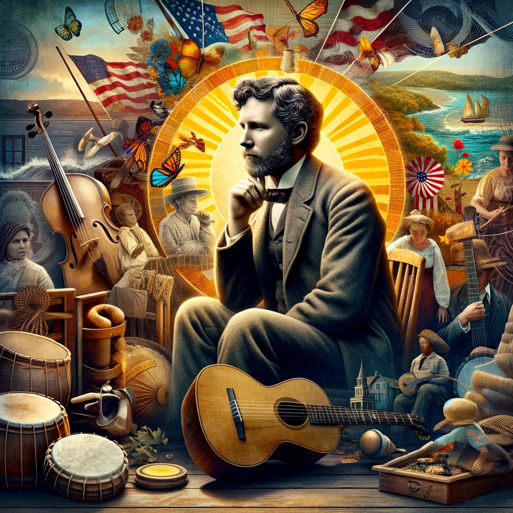 An artistic representation of Dan Emmett in a 19th-century setting, surrounded by folk instruments and American cultural imagery, symbolizing his influence on American folk music.