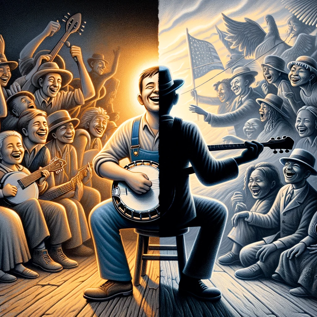 An illustrative split scene depicting Dan Emmett's impact on American music and culture. One side shows Emmett playing the banjo joyfully, surrounded by admirers, while the other side portrays the controversies of his era through shadowy figures and a somber mood.