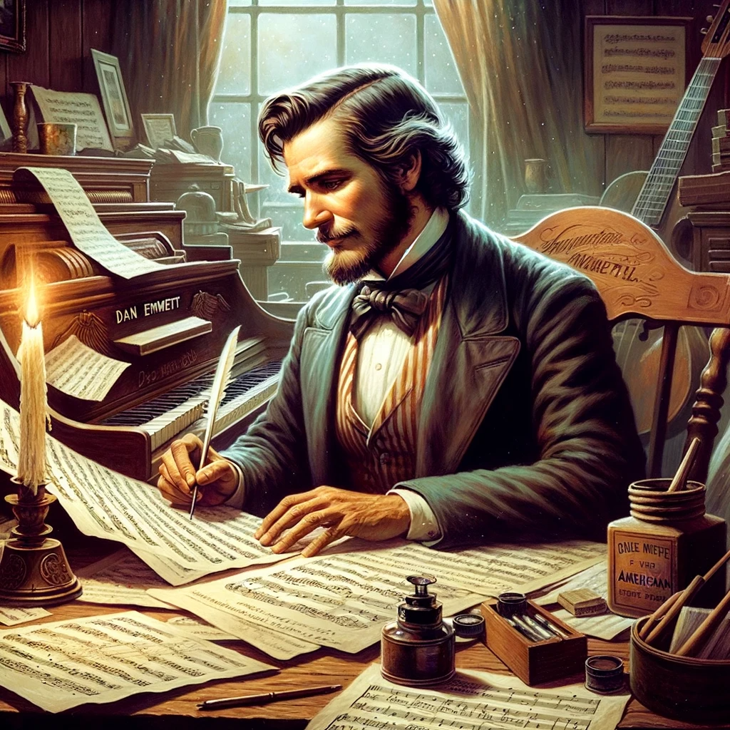 Artistic portrayal of Dan Emmett in a 19th-century setting, composing music at a desk with a quill, surrounded by elements like a candle, an inkwell, and a vintage banjo, reflecting the charm of his music.