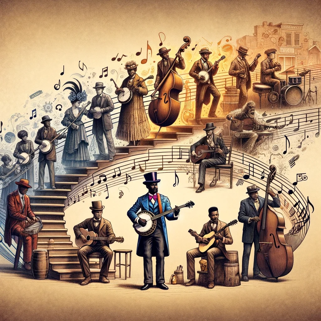 A conceptual timeline illustration showing Dan Emmett's influence from minstrel shows to modern music, featuring a transition from 19th-century scenes to contemporary music elements.