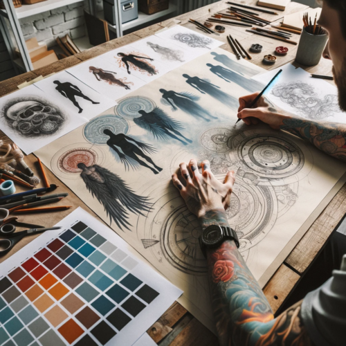 An artist sketching a concept for a tattoo sleeve, surrounded by sketches, color palettes, and reference images.