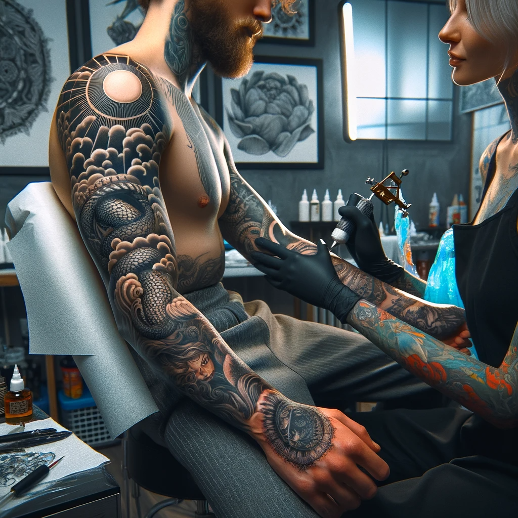 A client sitting in a tattoo studio with a completed tattoo sleeve, and the artist admiring the finished artwork.