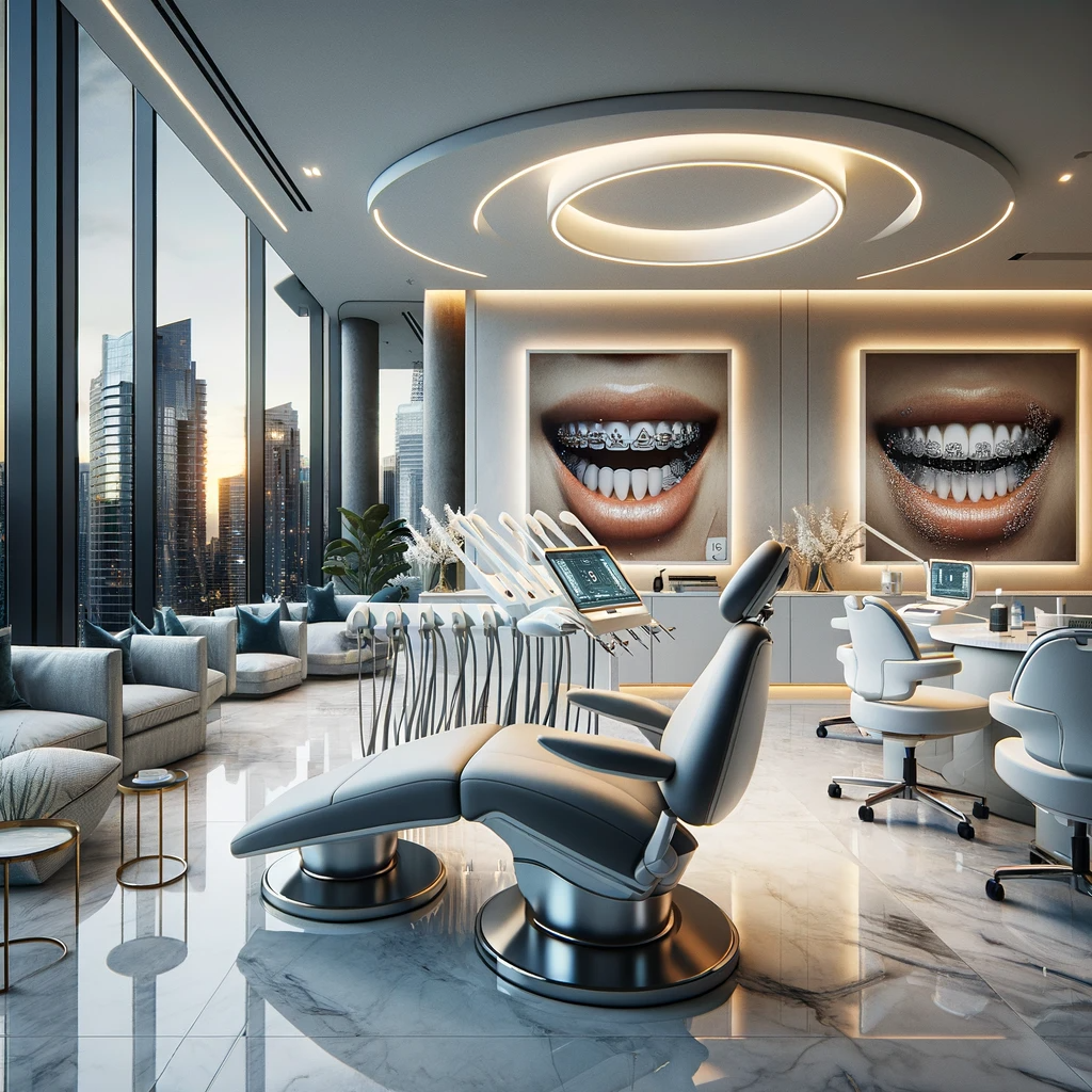 The sleek and modern interior of a high-end cosmetic dental clinic in San Diego with luxurious amenities.