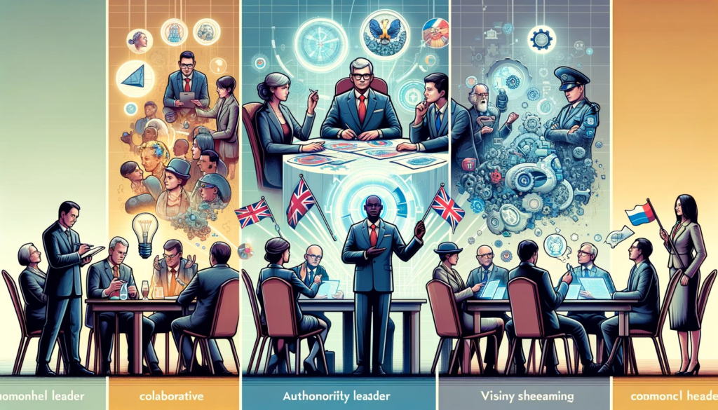 Image divided into segments depicting different political leadership styles: a collaborative leader with a team, an authoritative leader at a podium, a visionary leader with futuristic tech, and a servant leader with community members.
