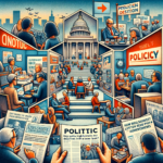 A collage depicting everyday activities influenced by politics, including a family watching the news, someone reading a newspaper, and a community meeting.
