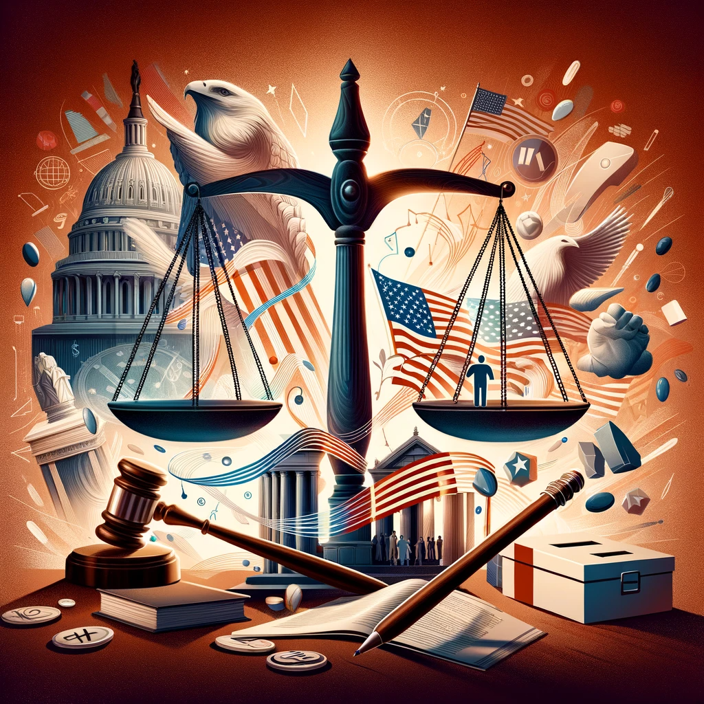 Scales of justice intertwined with democratic symbols: a ballot box, a casting vote, and a gavel, against a backdrop of political governance icons.