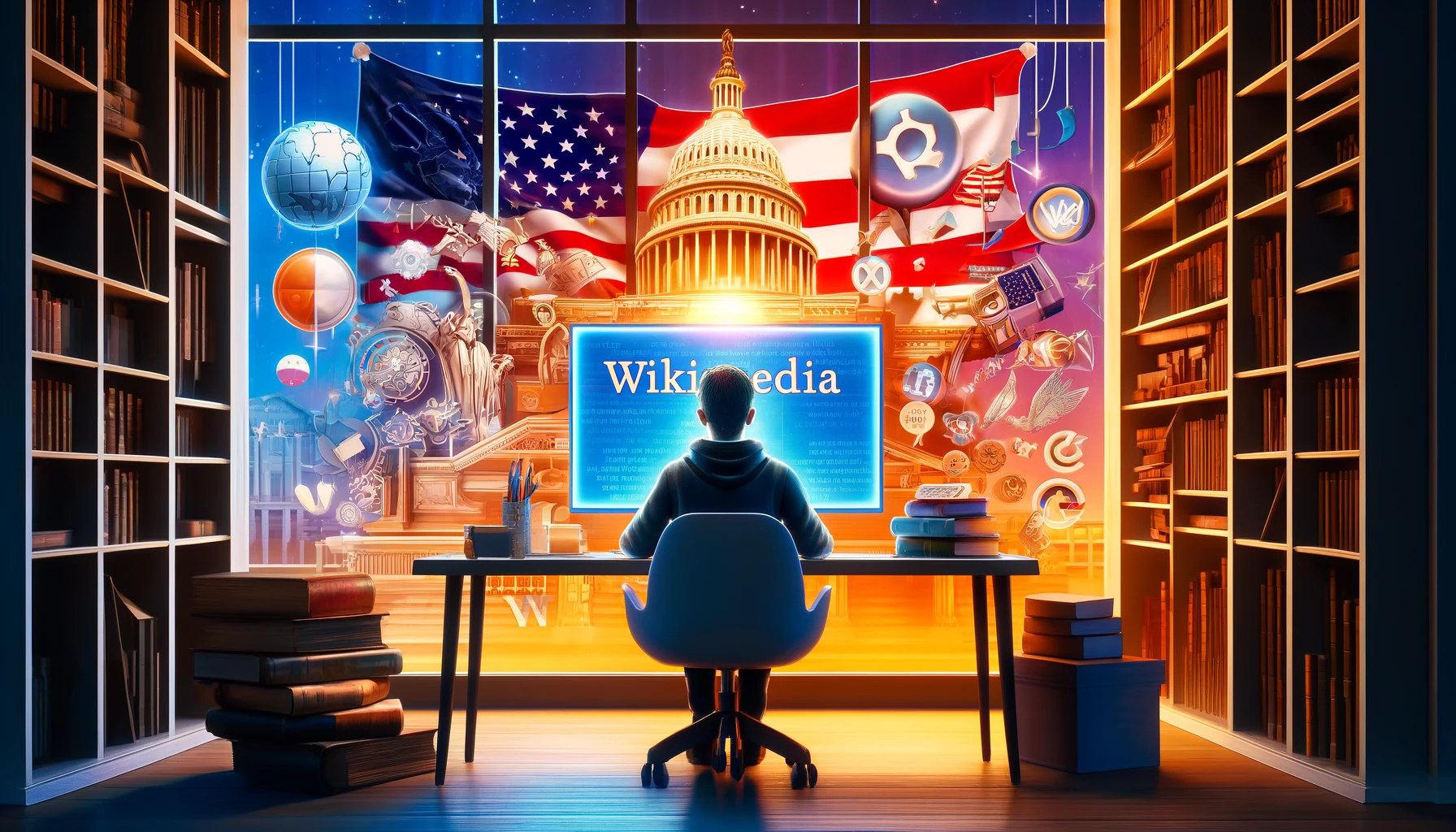 A person sits at a desk, engrossed in reading political content on Wikipedia on a computer screen, surrounded by books and political symbols.