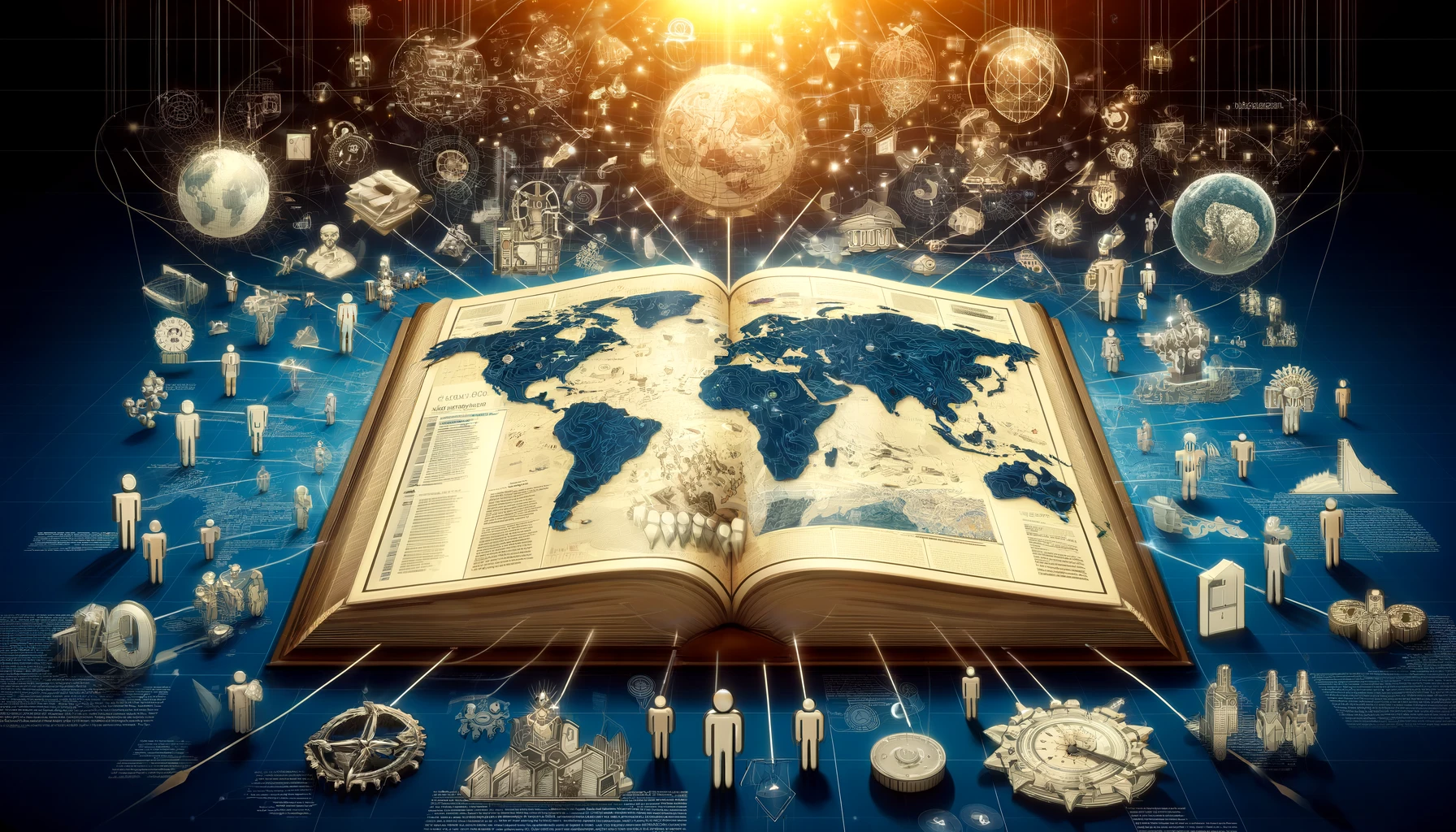 An open book displays a world map and various political system icons, surrounded by digital networks.