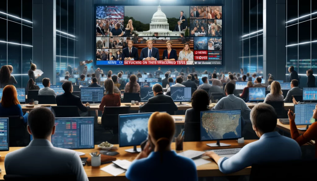 A bustling modern newsroom with journalists monitoring live political events on multiple screens.