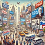"Cityscape with billboards, digital screens, and posters displaying political advertisements from various candidates and parties. People are seen engaging with the ads, discussing, taking pictures, and using mobile devices with social media feeds featuring political ads, illustrating the role of political advertising in shaping public opinion."
