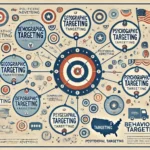 An infographic showcasing various targeting techniques in political advertising, including demographic, geographic, psychographic, and behavioral targeting, represented by interconnected circles with icons and descriptions.